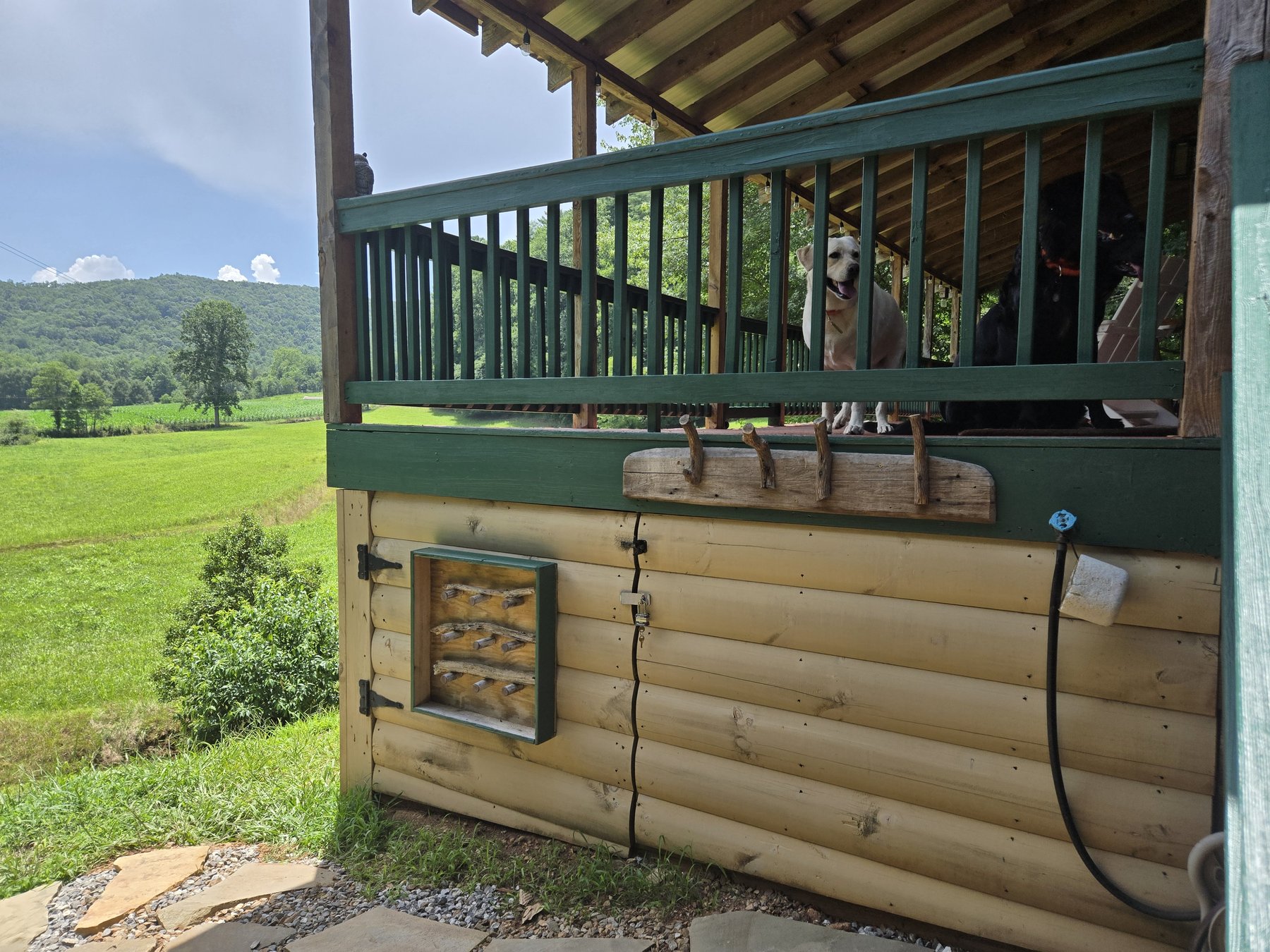 Headwaters cabin deck with stick library and mountain view in Suches GA