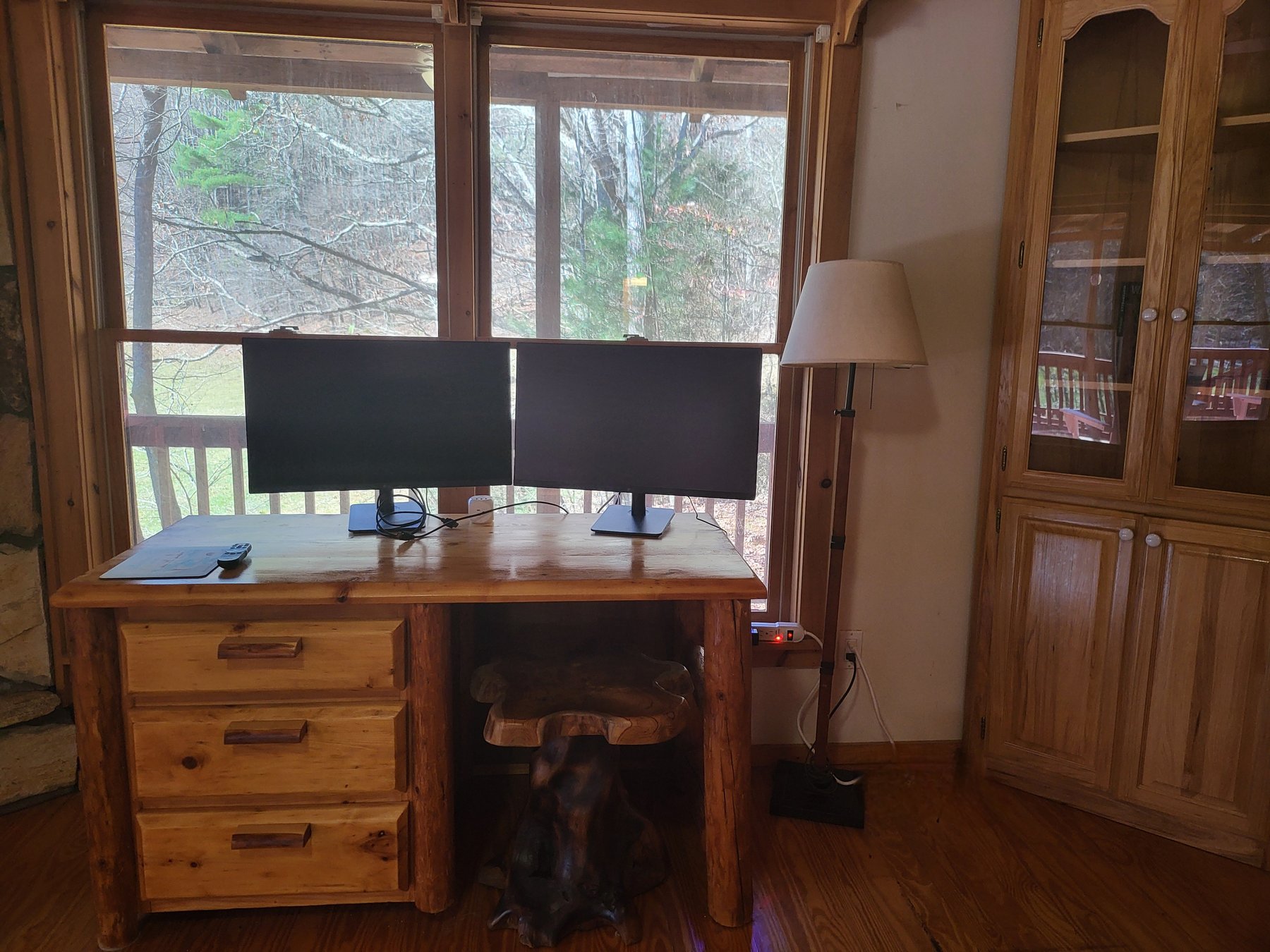 Dual-monitor workspace at Headwaters cabin in Suches GA