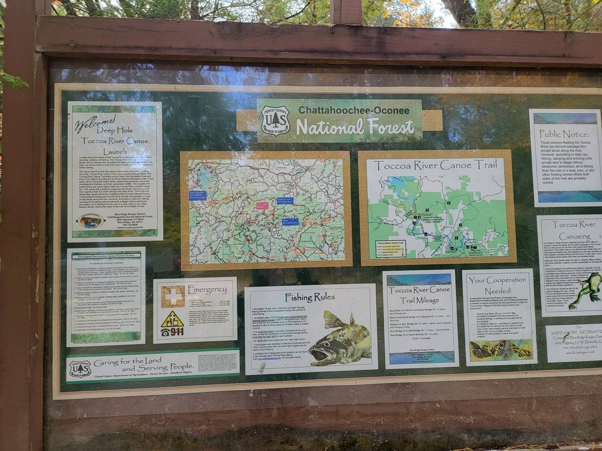 Chattahoochee-Oconee National Forest information board at Deep Hole showing the Toccoa River Canoe Trail